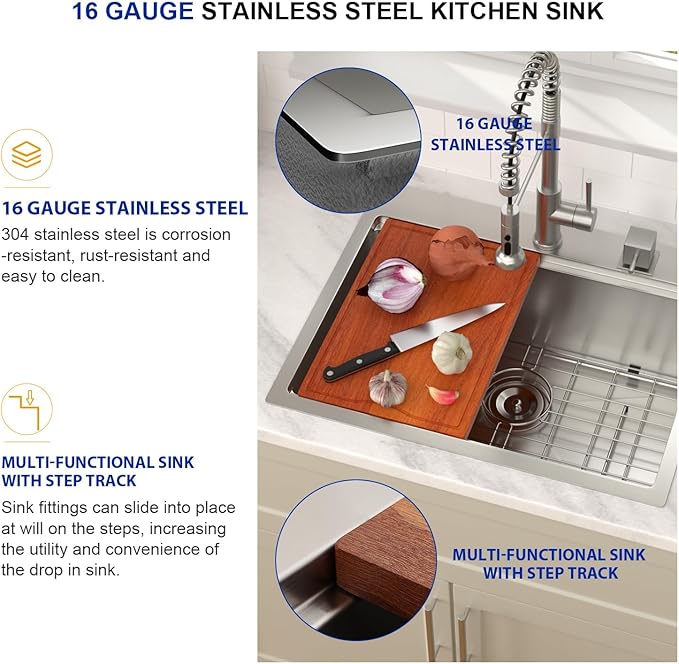 Dcolora 23 Inch Drop In Kitchen Sink Workstaion Single Bowl Stainless Steel Bar Sink Topmount Small Kitchen Sinks,DC-TW5689
