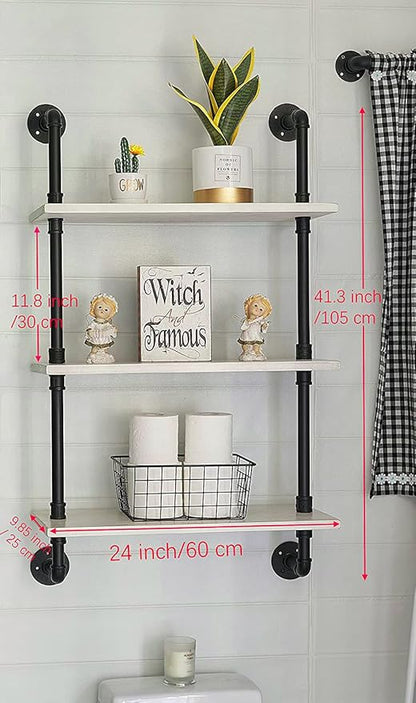 HDDFER White Floating Shelves 24 inch Pipe Wall Shelves Bathroom Shelves Over Toilet with Wood Planks Industrial Pipe Floating Shelves Farmhouse Bathroom Pipe Shelves Wall Mounted