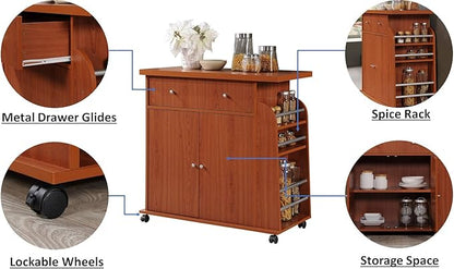 Hodedah Import Kitchen Island with Spice Rack and Towel Rack, Cherry