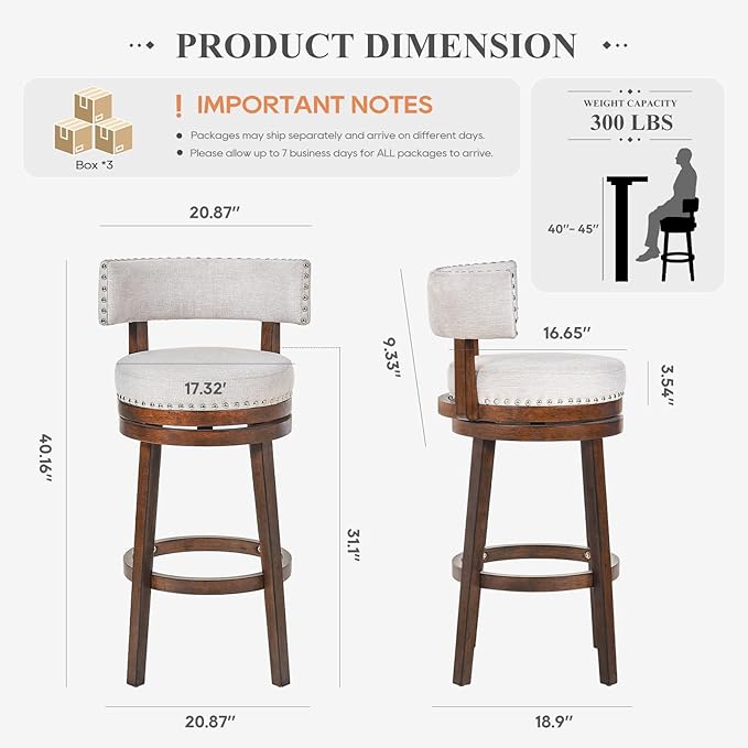 COLAMY Swivel Bar Stools Set of 3, Counter Height Barstools with Back, 30 Inch Modern Upholstered for Kitchen Island, Beige