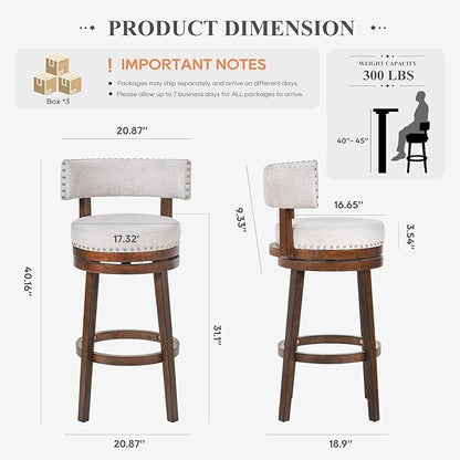 COLAMY Swivel Bar Stools Set of 3, Counter Height Barstools with Back, 30 Inch Modern Upholstered for Kitchen Island, Beige