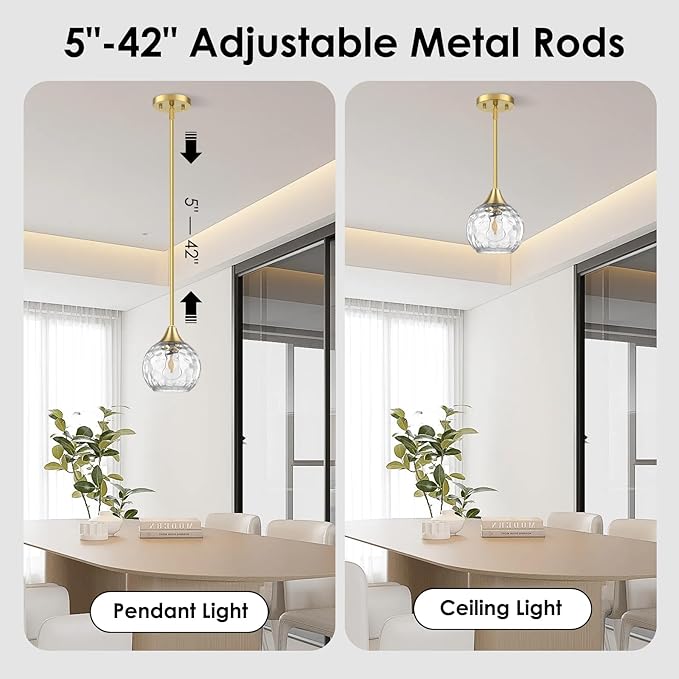 Pendant Lights Kitchen Island 2 Pack,Adjustable-Height Pendant Light Fixtures with Detachable Rod,Island Lights for Kitchen with Hammered Glass Shade,E26 Base Kitchen Pendant Lighting Over Island/Bar