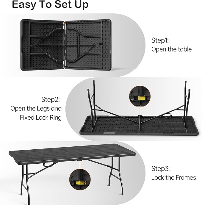 Folding Table 6 Foot for Indoor Outdoor, Portable Heavy Duty Fold-in-Half Utility Plastic Foldable Dining Table with Carrying Handle for Picnic, Camping and Party, Matte Black