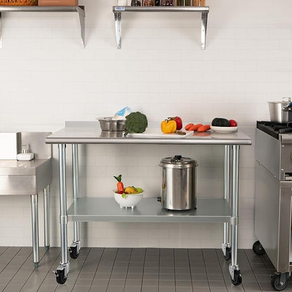 HARDURA Stainless Steel Table 24 x 48 Inches with Wheels Casters NSF Heavy Duty Commercial Prep Table with 2” Backsplash and Adjustable Undershelf for Restaurant Kitchen Home and Hotel