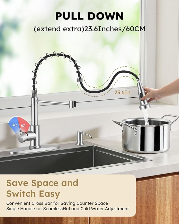 Arofa Kitchen Faucet with Pull Down Sprayer, Chrome Polished Kitchen Sink Faucet 1-3 Hole Single Handle High Arc Stainless Steel Commercial Modern Kitchen Faucets for RV/Laundry/Outdoor/Bathroom Sink