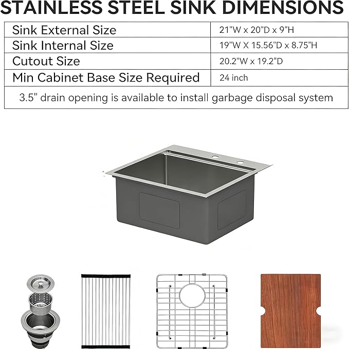 Lordear Drop in Kitchen Bar Sink 21x20x9 Inch Workstation 16 Gauge Stainless Steel Single Bowl Topmount Over Counter for Wet Bar/Prep/Small Kitchen with Cutting Board