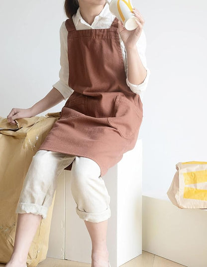 Japanese Cotton Linen Cross Back Apron with Pockets,Fashion Pinafore Dress for Gardening Painting Cleaning Cooking