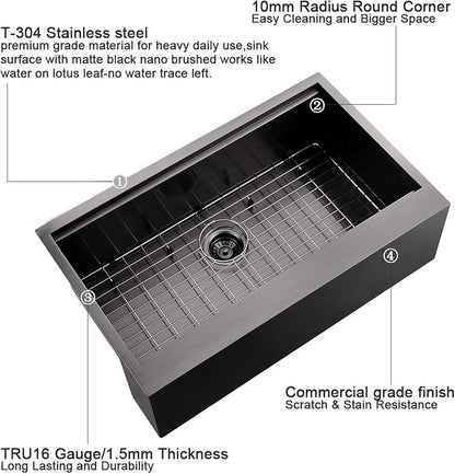 33 Inch Black Farmhouse Kitchen Sink Workstation - VOKIM 33x22 inch Flat Apron Front Farmhouse sink 16 Gauge Stainless Steel Single Bowl Farm Kitchen Sink
