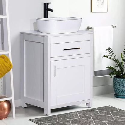 Bathroom Vessel Sink with Faucet Combo, 18" x 13" White Ceramic Above Counter Basin with Black Rim, Modern Rectangular Porcelain Vanity Sink & Pop-Up Drain for Lavatory