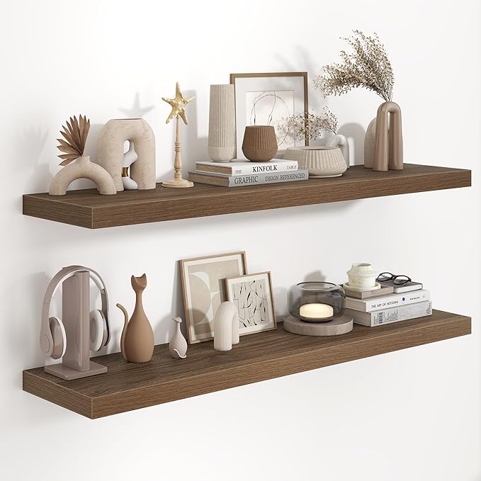 48"W x 9.3"D Floating Shelves for Wall, Wall Mounted Bathroom Shelves 2 Pack Deep Floating Shelf for Bedroom Kitchen Living Room, Rustic Wooden Wall Shelf with Invisible Bracket for Books Decor