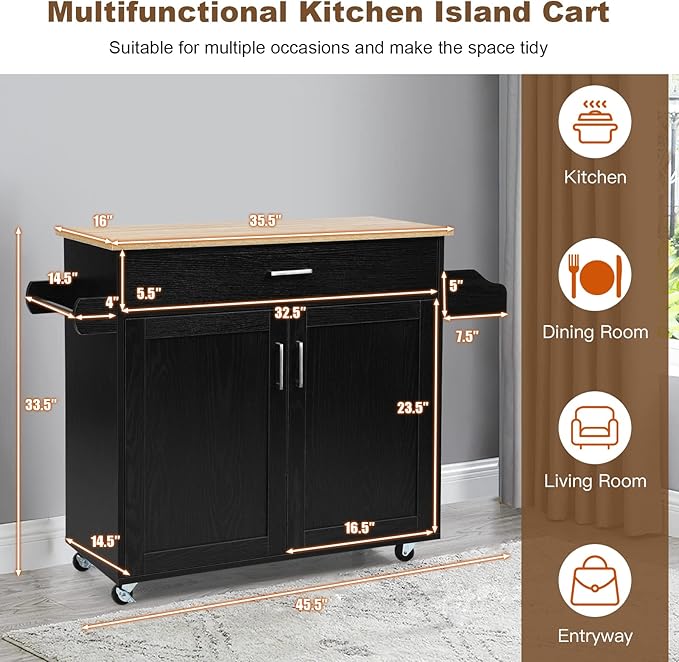 PETSITE Kitchen Island Cart with Storage Cabinet on Wheels, Spice Rack Towel Rack & Drawer (Black)