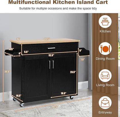 PETSITE Kitchen Island Cart with Storage Cabinet on Wheels, Spice Rack Towel Rack & Drawer (Black)
