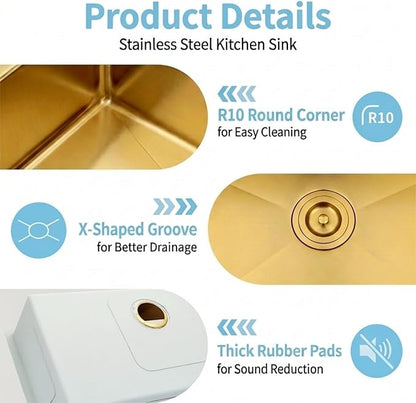Gold Kitchen Sink,Undermount Kitchen Sink 23 X 18 inch,Single Bowl 16 Gauge Stainless Steel Undermount Sinks