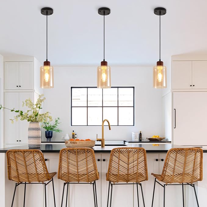 Modern Wood Pendant Lighting for Kitchen Island, Farmhouse Pendant Light Fixtures 2 Pack, Adjustable Hanging Ceiling Light with Amber Glass Shade