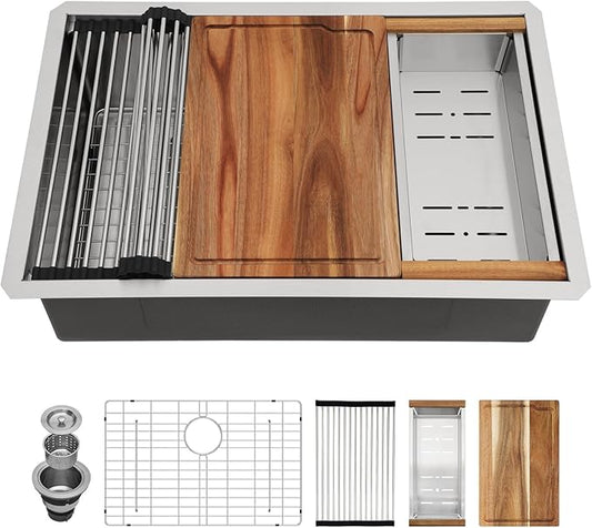 27 Inch Undermount Kitchen Sink Workstation 16 Gauge Stainless Steel Sink Round Corners Single Bowl Under Counter Legde Deep Kitchen Sinks Basin, 27"x19"x9"
