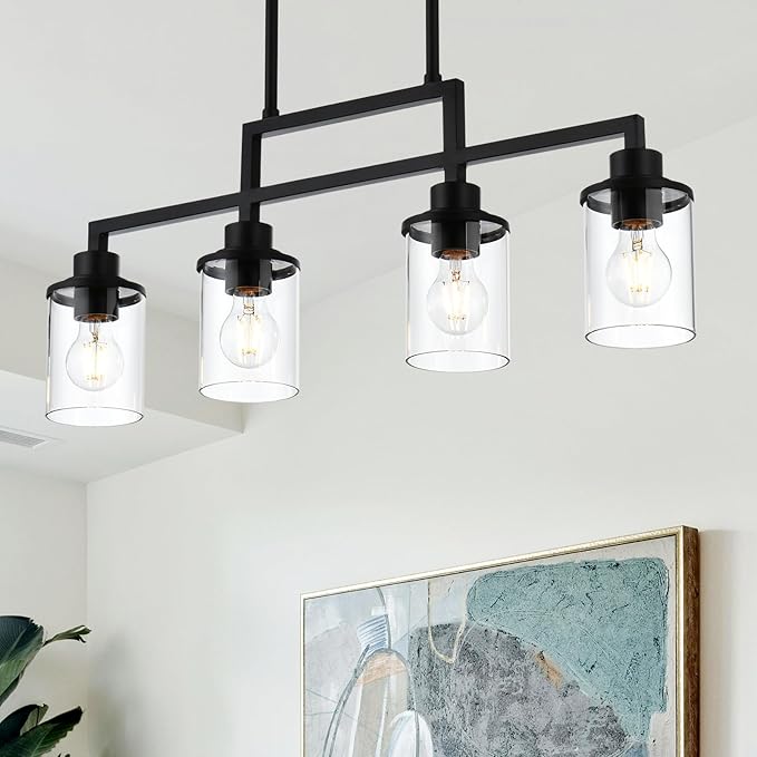 Yaohong Kitchen Island Lighting, 4-Light Farmhouse Dining Room Light Fisture Linear Chandelier Pendant Lighting with Clear Glas Shade, Matte Black Ceiling Pendant Light Fixtures for Dining Table