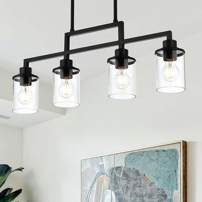 Yaohong Kitchen Island Lighting, 4-Light Farmhouse Dining Room Light Fisture Linear Chandelier Pendant Lighting with Clear Glas Shade, Matte Black Ceiling Pendant Light Fixtures for Dining Table