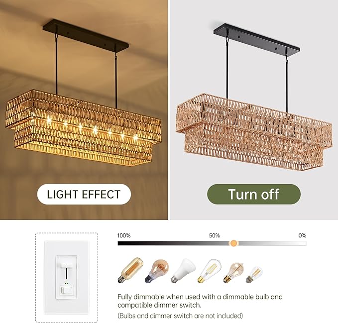 40” Hand Woven Rattan 8-Light Chandeliers for Dining Room, 2 Layer Boho Linear Chandelier Rectangle Rustic Pendant Light Fixture for Kitchen Island Bar Living Room