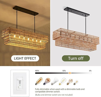 40” Hand Woven Rattan 8-Light Chandeliers for Dining Room, 2 Layer Boho Linear Chandelier Rectangle Rustic Pendant Light Fixture for Kitchen Island Bar Living Room