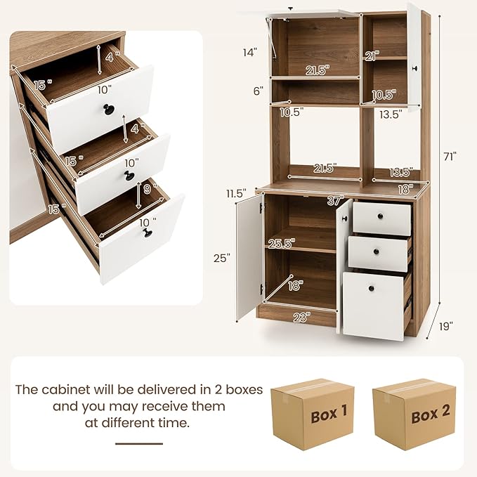 PETSITE Kitchen Buffet Hutch Storage Cabinet, 71" Freestanding Pantry with 3 Cabinets & Drawers, Adjustable Shelves, Microwave Cupboard for Living Room, Dining Room