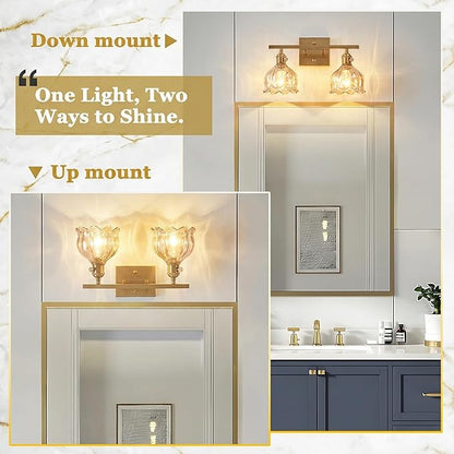 2-Light Amber Tulip Glass Vanity Light, Brushed Gold Vintage Bathroom Wall Sconce, 14.5" Antique Brass Wall Lamp for Mirror, Powder Room, Bedroom (Individual Rotary Switches, Bulbs Not Included)