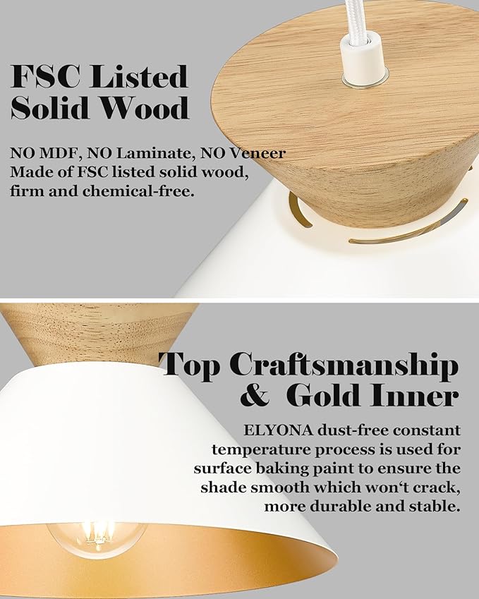 ELYONA Modern Pendant Light Fixtures 10" Solid Wood Hanging Lamp Nordic White Metal & Gold Inner Finish Boho Pendant Light for Farmhouse Kitchen Island Dining Room Bedroom Living Room Hallway
