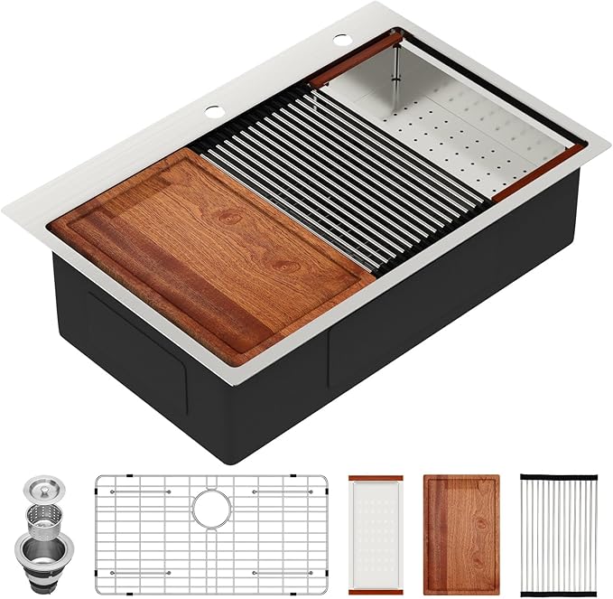 33 x 22 Inch Drop In Kitchen Sink 33 x 22 Stainless Steel Topmount Sink Ledge Workstation 16 Gauge Single Bowl Above Counter Handmade Basin