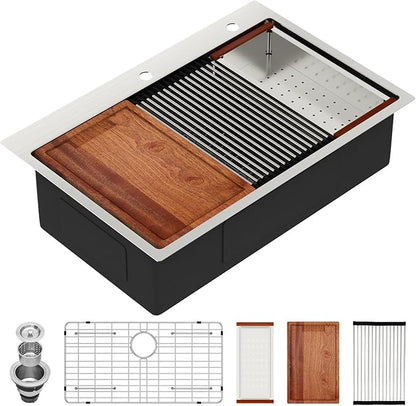 33 x 22 Inch Drop In Kitchen Sink 33 x 22 Stainless Steel Topmount Sink Ledge Workstation 16 Gauge Single Bowl Above Counter Handmade Basin