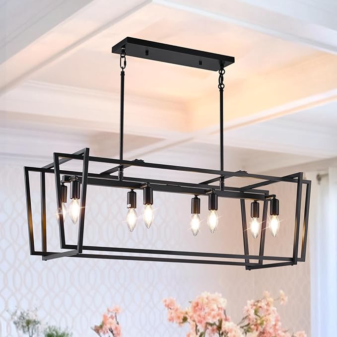 WJShome Black Chandelier, 8-Light Farmhouse Chandeliers for Dining Room, Modern Rectangle Kitchen Island Lighting, Linear Pendant Lights Kitchen Island, Dining Room Light Fixtures Over Table