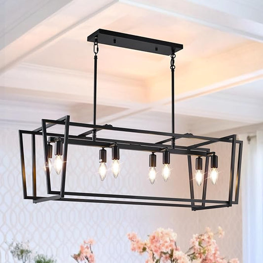 WJShome Black Chandelier, 8-Light Farmhouse Chandeliers for Dining Room, Modern Rectangle Kitchen Island Lighting, Linear Pendant Lights Kitchen Island, Dining Room Light Fixtures Over Table