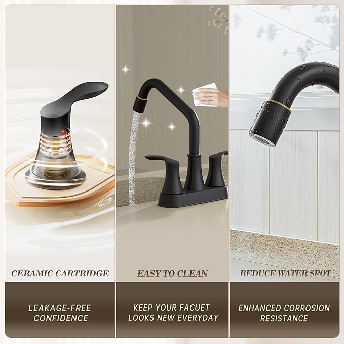 Phiestina Black Utility Sink Faucet 3 Hole, Laundry Sink Faucet with Pull Out Sprayer, Long Spout Dual Handle Modern Bathroom Faucet, 4 Inch CenterSet Laundry & Utility Room Sink Faucets, LF36CL-2M-MB
