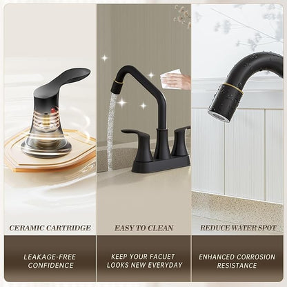 Phiestina Black Utility Sink Faucet 3 Hole, Laundry Sink Faucet with Pull Out Sprayer, Long Spout Dual Handle Modern Bathroom Faucet, 4 Inch CenterSet Laundry & Utility Room Sink Faucets, LF36CL-2M-MB