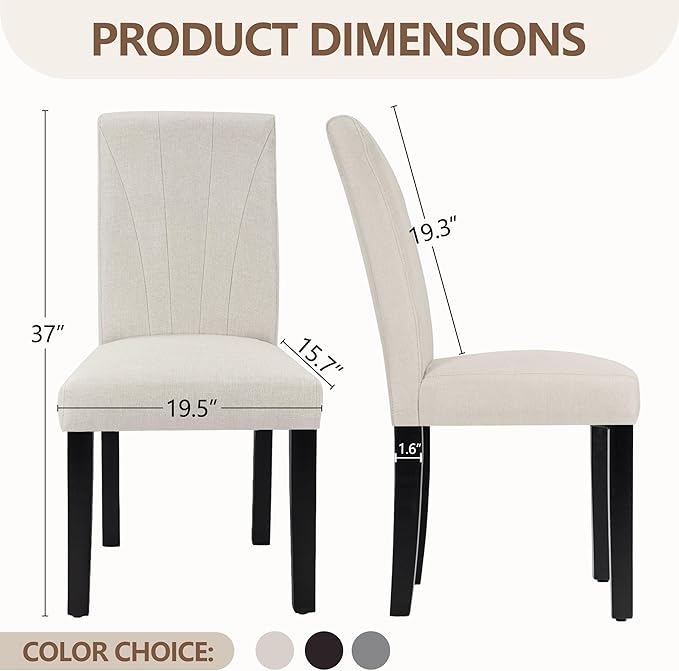 VECELO Upholstered Dining Chairs Set of 2, Modern Fabric and High Back & Solid Wood Legs, Parsons for Kitchen/Living Room- Beige