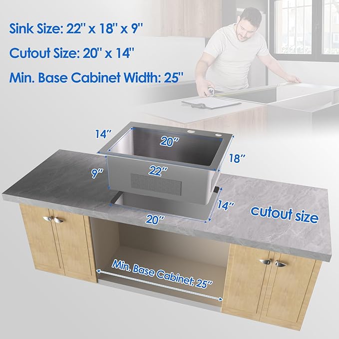 ROVOGO 22 inch Drop in Kitchen Sink Single Bowl, 22"x18" Sink 304 Stainless Steel, 9" Deep Sink Top Mount with 2-Hole & Drain Assembly, Brushed