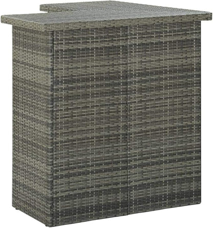 Corner Bar Table for Dining Room Kitchen Rectangular Gray Synthetic Rattan Steel Indoor Outdoor Space Saving Modern Design with 3 Storage Shelves