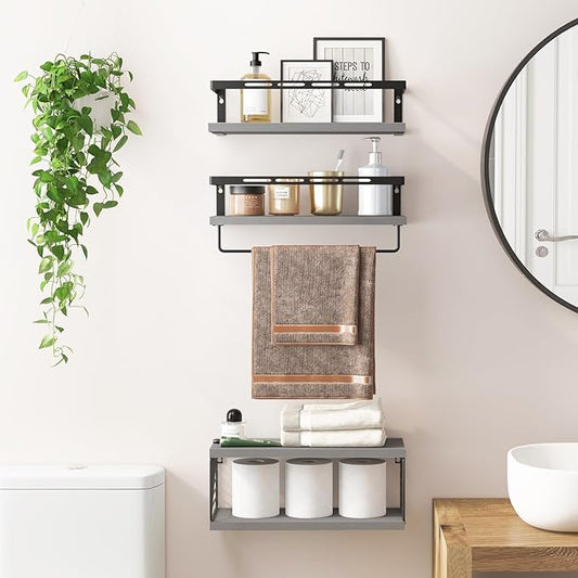 Fixwal 3+1 Tier Wall Mounted Bathroom Shelves Over Toilet, Rustic Wood Floating Shelves with Metal Frame and Towel Bar for Bathroom, Kitchen, Bedroom, Living Room (Gray)