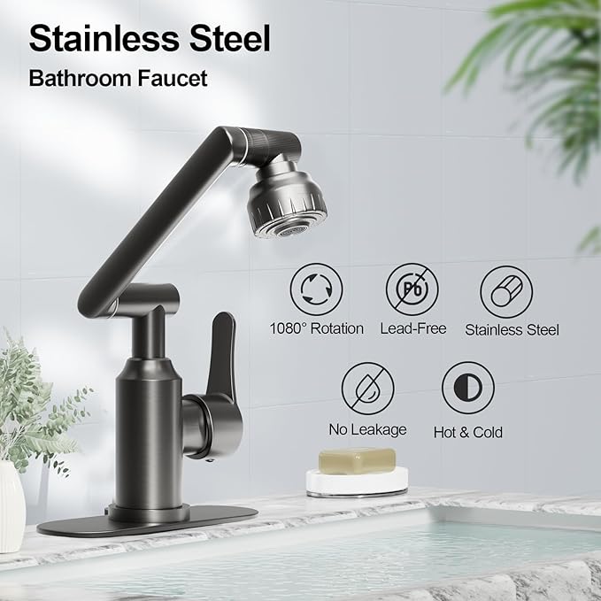Bathroom Sink Faucet, FunnyAir Stainless Steel 1080° Rotatable Faucet for Sink 1 Hole or 3 Holes, Modern Style Single Handle Bathroom Faucets with Hot and Cold Hoses, Grey