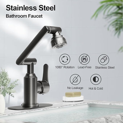 Bathroom Sink Faucet, FunnyAir Stainless Steel 1080° Rotatable Faucet for Sink 1 Hole or 3 Holes, Modern Style Single Handle Bathroom Faucets with Hot and Cold Hoses, Grey