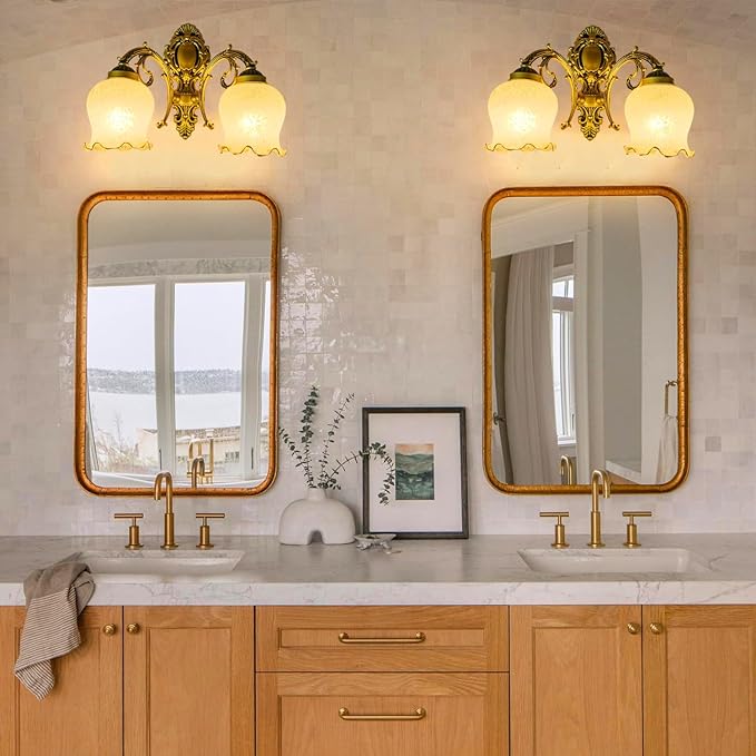 Retro Wall Sconce, 2-Light Vintage Wall Lights with Flora Glass Shade, Antiqued Vanity Wall Light Fixtures for Bedroom Living Room Bathroom Hallway Corridor Kitchen （Brass）
