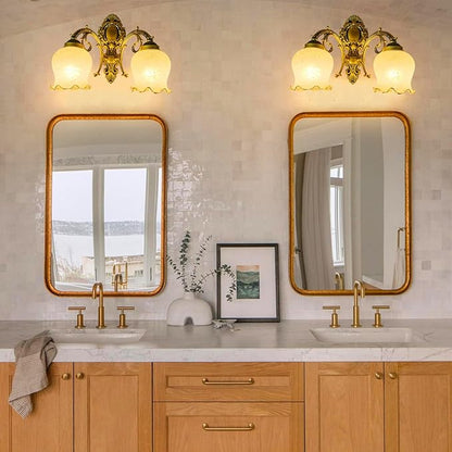 Retro Wall Sconce, 2-Light Vintage Wall Lights with Flora Glass Shade, Antiqued Vanity Wall Light Fixtures for Bedroom Living Room Bathroom Hallway Corridor Kitchen （Brass）