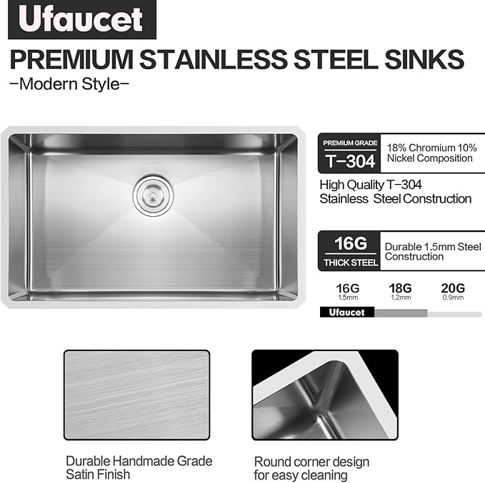 28 Inch Undermount Kitchen Sink, 28 x 18 Stainless Steel 16 Gauge 9 Inch Deep Single Bowl Basin Commercial Outdoor Kitchen Sink with Strainer