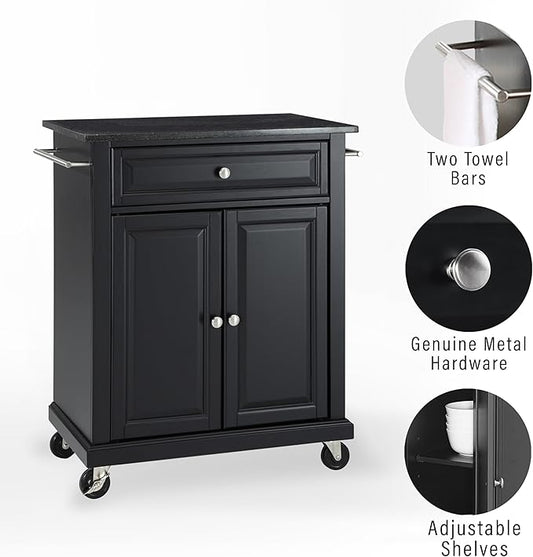 Crosley Furniture Compact Granite Top Small Rolling Cart with Shelves, Microwave Stand with Towel Rack, Black
