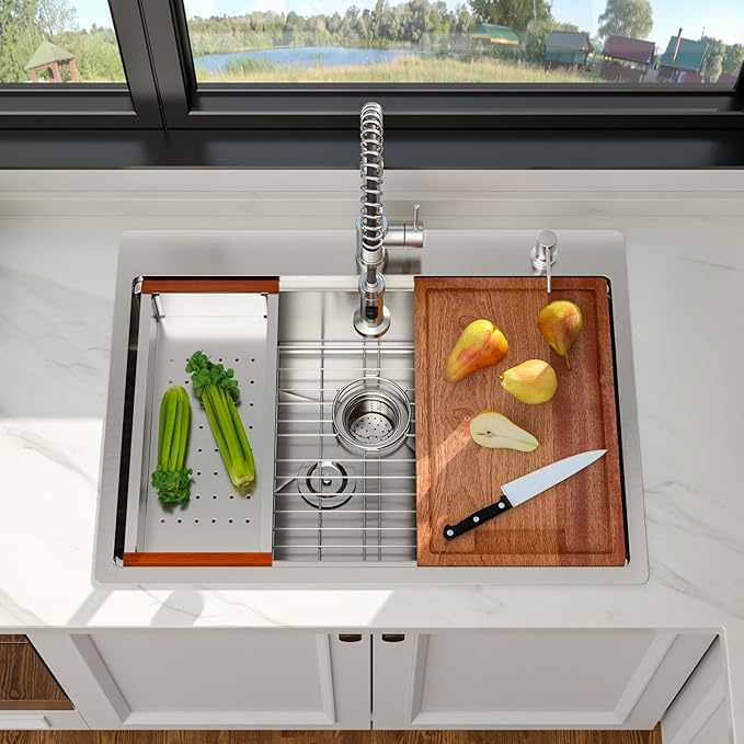 30 x 22 Drop In Kitchen Sink - 30 Inch Stainless Steel Topmount Kitchen Sink Workstation 16 Gauge Single Bowl Above Counter Handmade Basin