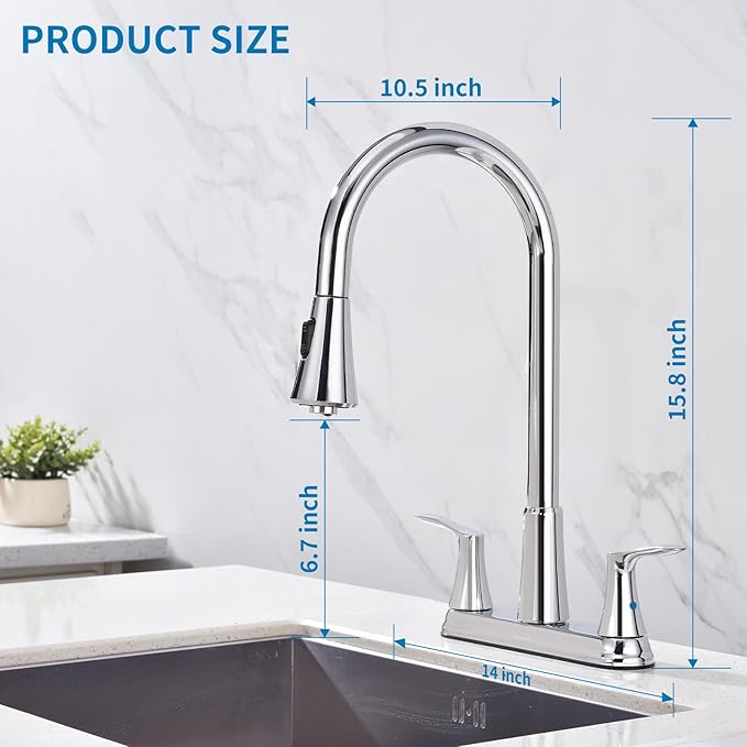 HOMELODY 2 Handles Kitchen Faucet with Pull Down Sprayer for 3 Hole Sink, 8 inch 360° Rotating Spout Centerset Kitchen Sink Faucet with Water Lines Chrome