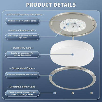 16Inch LED Ceiling Light Fixtures, Flush Mount Light Fixtures 50W, 5CCT Adjustable 2700K 3000K 4000K 5000K 6500K, Close to Ceiling Light for Kitchen Bathroom Kitchen Bedroom Brushed Nickel 2 Packs