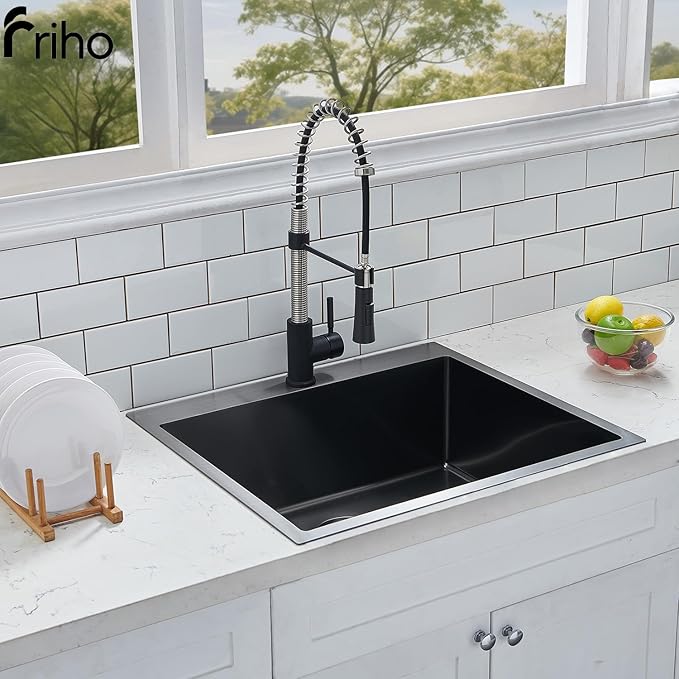 Friho 25x22 Inch Black Drop In Kitchen Sink, Stainless Steel Square RV Laundry Utility Sink, 25 Inch Topmount Deep Small Single Bowl Kitchen Sink