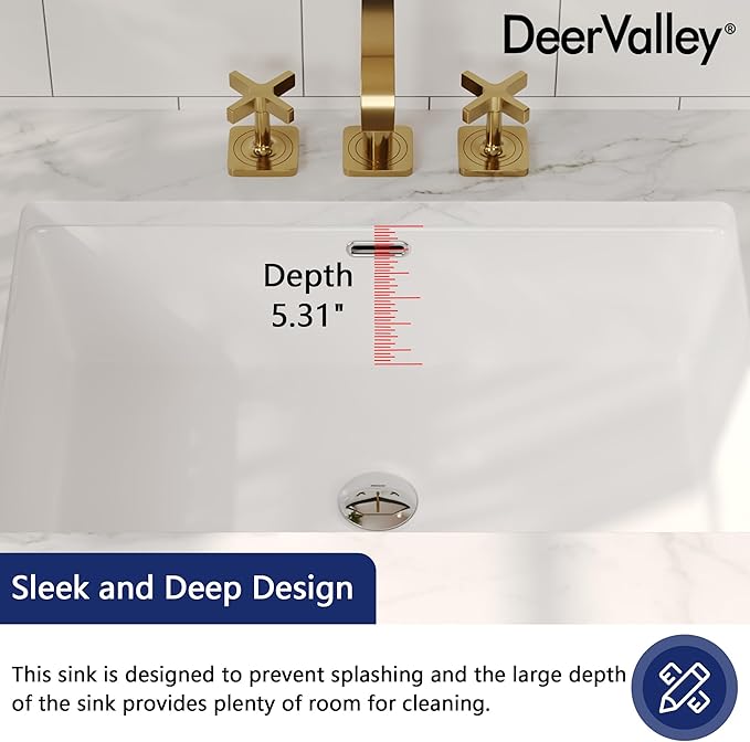 DeerValley 24x16 Inch Rectangular Undermount Bathroom Sink, White Ceramic Under Counter Sink with Flat Overflow, DV-1U0209