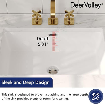 DeerValley 24x16 Inch Rectangular Undermount Bathroom Sink, White Ceramic Under Counter Sink with Flat Overflow, DV-1U0209