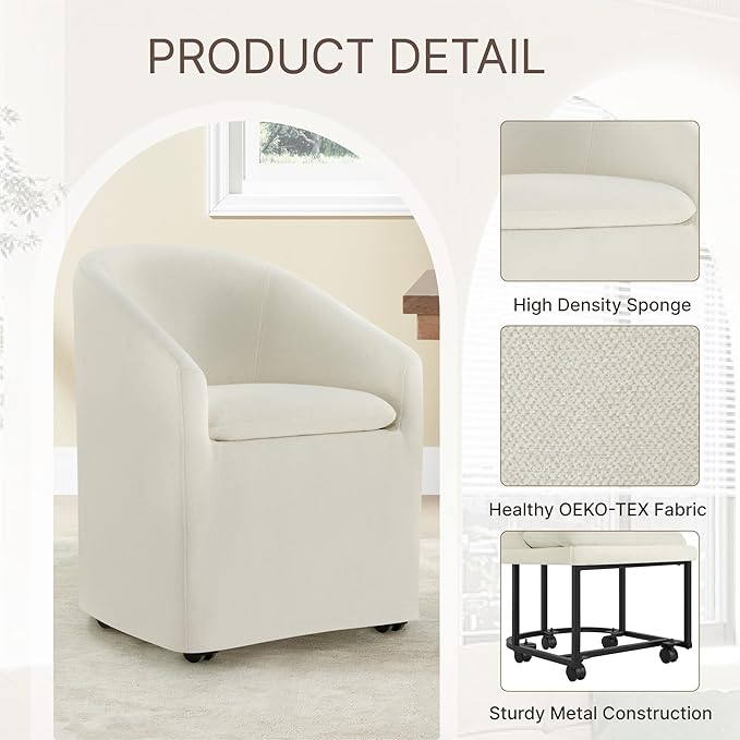 KISLOT Upholstered Dining Chairs with Casters, Washable Cover Modern Dining Room Chairs with Barrel Backrest & Armrest, Vanity Chair with Wheels for Kitchen, Living Room, Bedroom, Linen Fabric, 1PCS