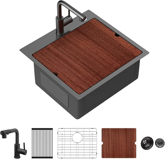 Sarlai Outdoor Kitchen Sink - 21 Inch Black Drop Bar RV Sink with Pull-out Faucet Gunmetal Black Drop In Workstation 21 x 20 Topmount Stainless Steel 16 Gauge Single Bowl Bar Prep Outdoor Sinks Basin